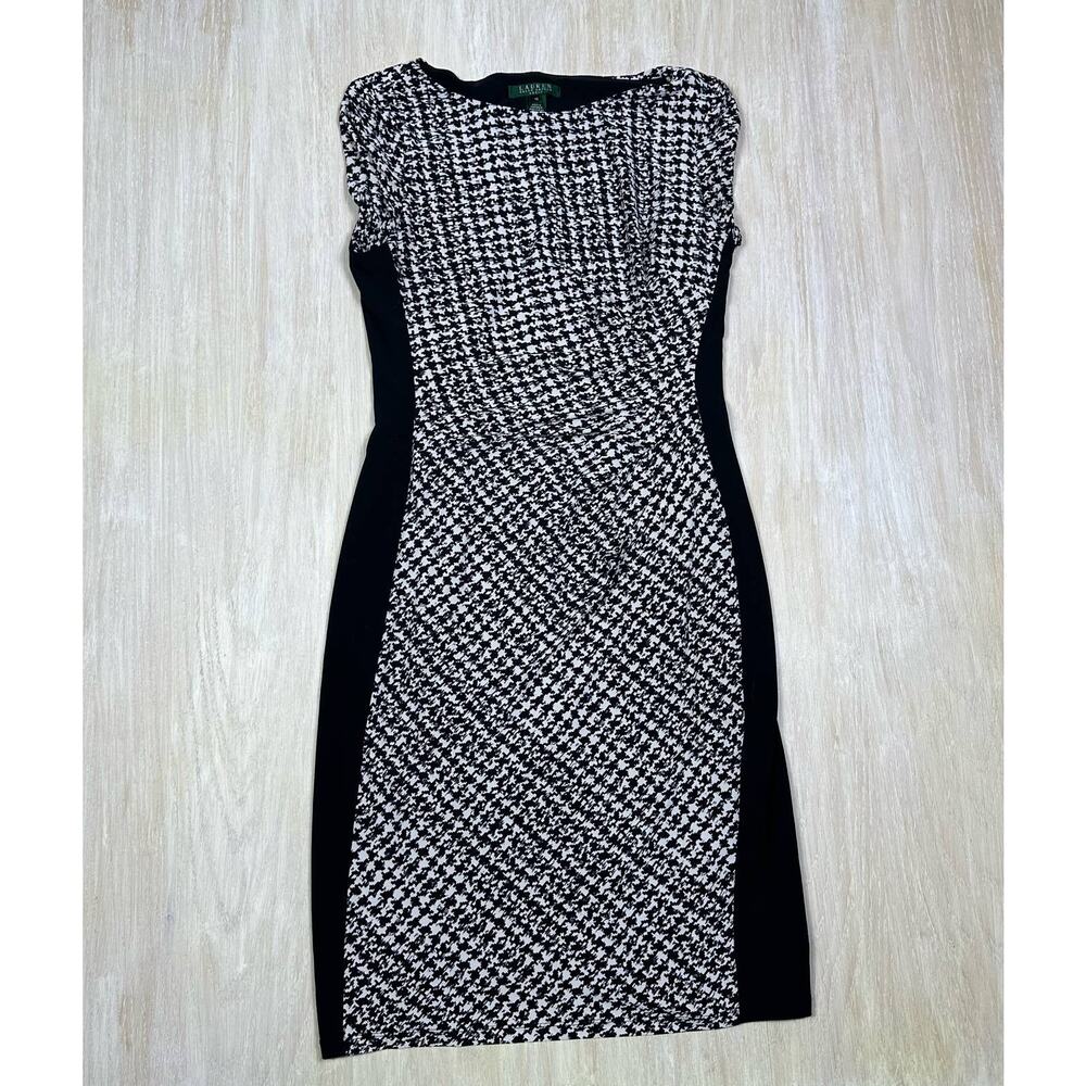 Lauren Ralph Lauren Black White Houndstooth Pattern Stretch Cocktail Dress 10